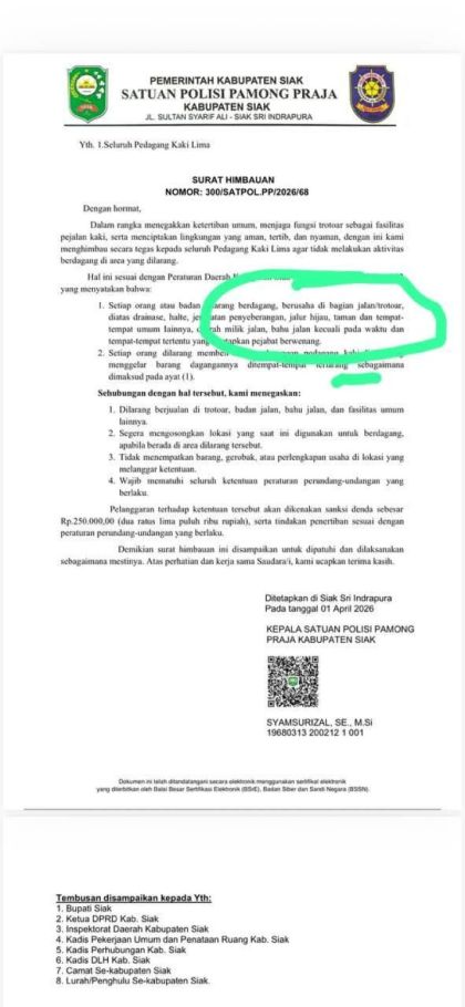 Satpol PP Siak Warning PKL, Dilarang Gunakan Trotoar untuk Berdagang