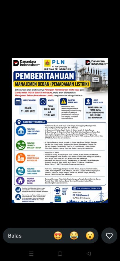 PLN Siak Umumkan Pemadaman Listrik Terjadwal untuk Pemeliharaan Trafo Daya Gardu Induk 150 kV